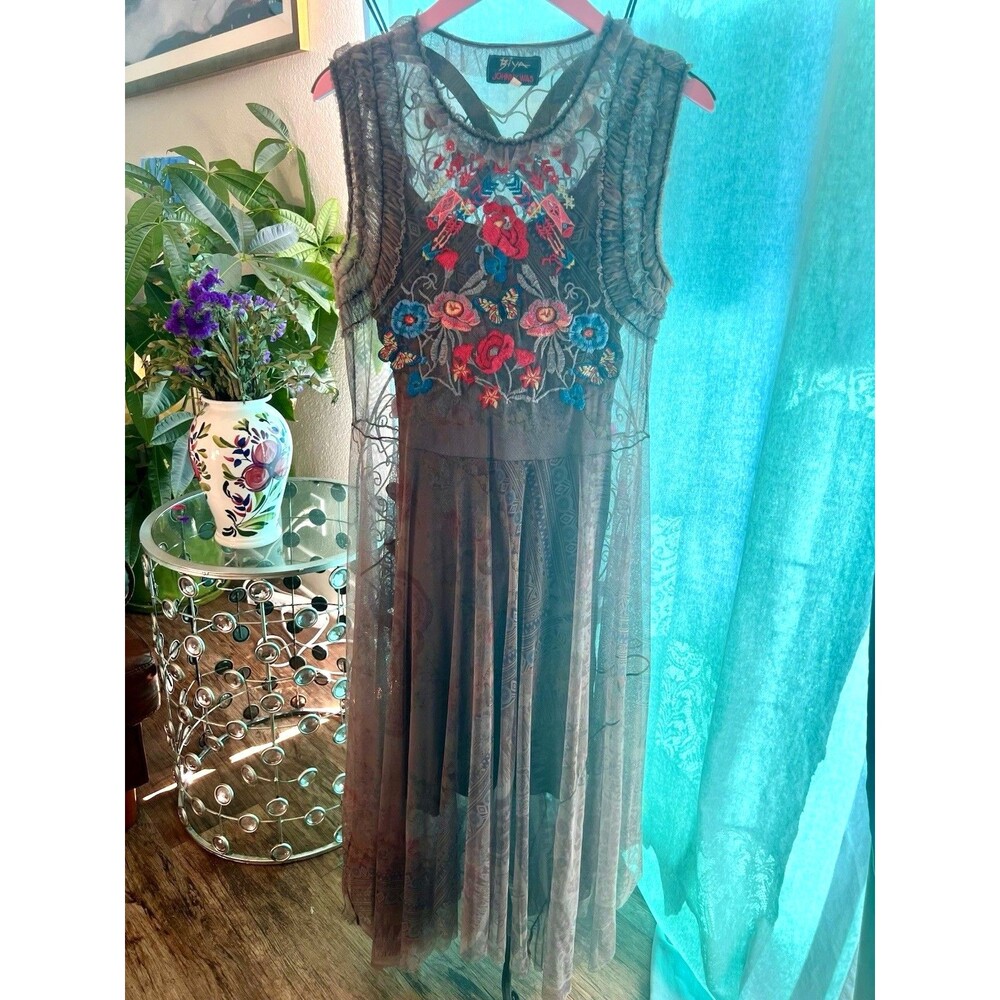 Johnny Was Stunning Embroidered Dress Mesh Overlay Size M Beautiful!